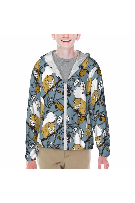Cartoon Squirrel on Branch Print Fishing Shirts for teenager Long Sleeve UV Sun Protection Hoodie with Zipper Outdoor Hiking Shirts-Large