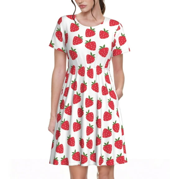 Xecao Cartoon Strawberry for Women Summer Short Sleeve Midi Dress with Pockets Casual Aline Flowy Tshirt Dress Vocation Beach Sundress