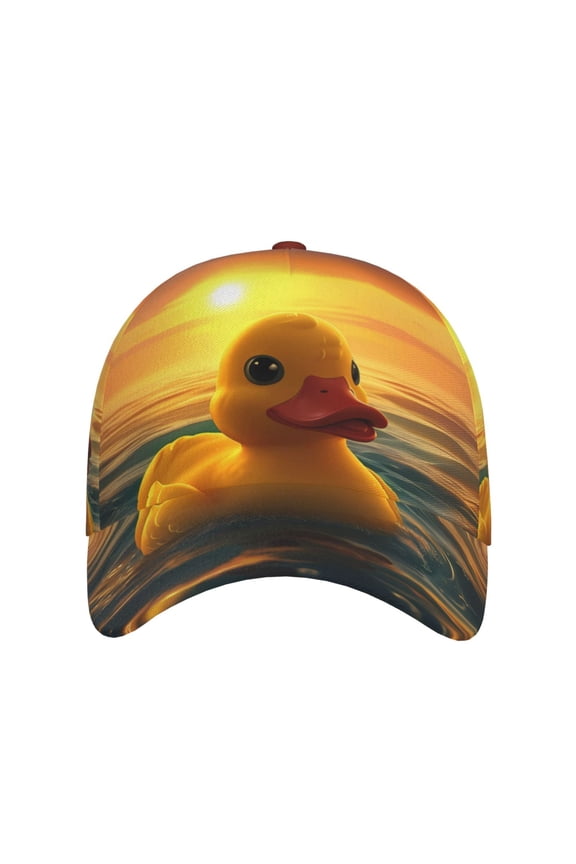 Cartoon Swimming Yellow Duck for Baseball Cap: Unisex, crafted from classic polyester twill fabric, featuring a soft unconstructed design