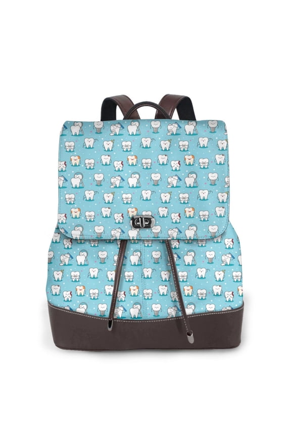Cartoon Teeth Print Large Backpack Soft Leather for Women Travel with Compartment, Adjustable Convertible Strap