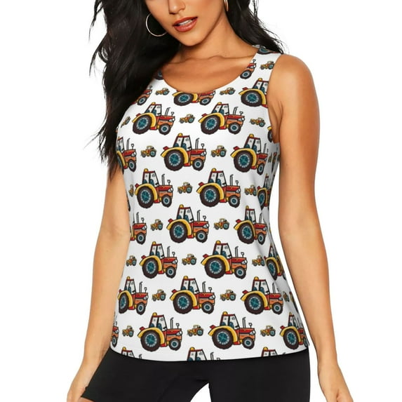 Xecao Cartoon Tractor print women's scoop neck, loose-fit workout tank tops for the gym.