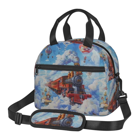 Xecao Cartoon Train Hot Air Balloon Print Insulated Lunch Box, Lunch Cags Lunch Bag Featuring An Adjustable Shoulder Strap