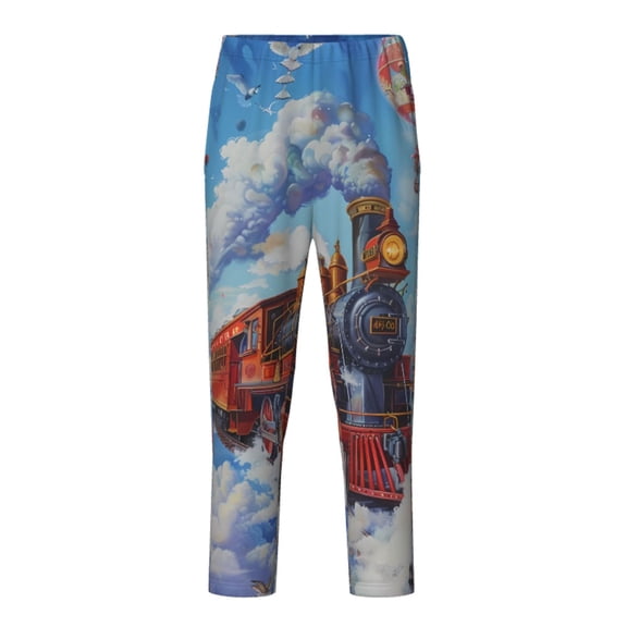 Xecao Cartoon Train Hot Air Balloon Print Teenagers' Pajama Pants Long Sleep Pants Soft Elastic Waist Pajama Bottoms Elastic waist with 2 Pockets 5-16 Years-Medium