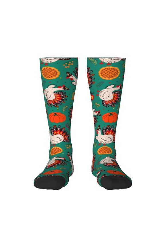 Cartoon Turkey print thigh-high socks, crafted for both men and women with a stretchy, high-opaque design perfect for daily wear
