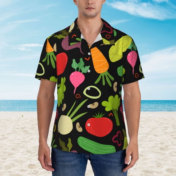 Xecao Cartoon Vegetables print Hawaiian shirt - a stylish short-sleeve button-down for men, perfect for casual beach and tropical outings.
