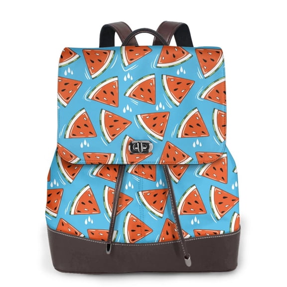 Xecao Cartoon Watermelon Print Large Backpack Soft Leather for Women Travel with Compartment, Adjustable Convertible Strap