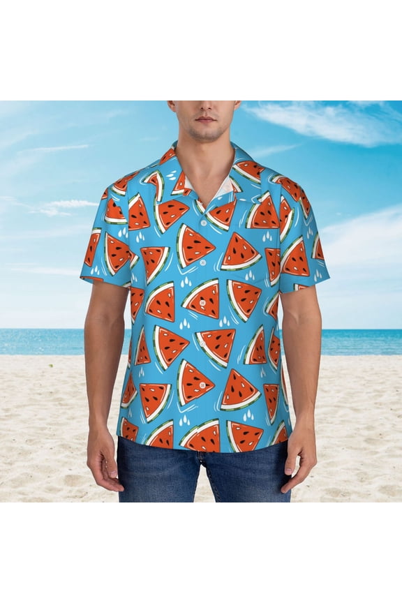 Cartoon Watermelon print Hawaiian shirt - a stylish short-sleeve button-down for men, perfect for casual beach and tropical outings.