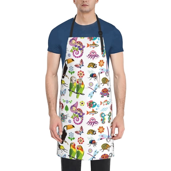 Xecao Cartoon Wild Animals Print Kitchen Cooking Aprons, Waterproof Adjustable Bib Aprons with 2 Pockets for Women Men Chef