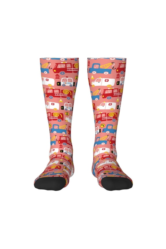Cartoon with Traffic Elements print thigh-high socks, crafted for both men and women with a stretchy, high-opaque design perfect for daily wear