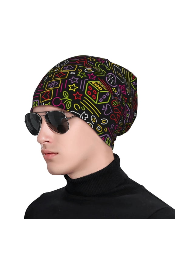 Casino Icons Print Beanie Knitted Hat for Men Women, Winter Fashion Knit Cuffed Caps Unisex