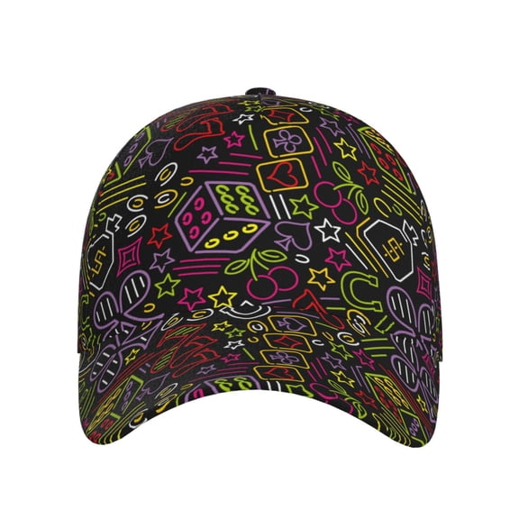 Xecao Casino Icons for Baseball Cap: Unisex, crafted from classic polyester twill fabric, featuring a soft unconstructed design