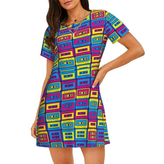 Xecao Cassette Tapes for Women's Loose Nightgown Sleepwear Short Sleeves Shirt Casual Print Sleepdress