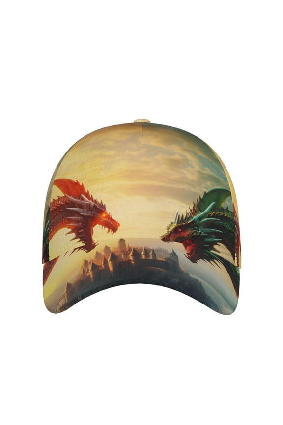 Castle Red Green Sky Dragon for Baseball Cap: Unisex, crafted from classic polyester twill fabric, featuring a soft unconstructed design