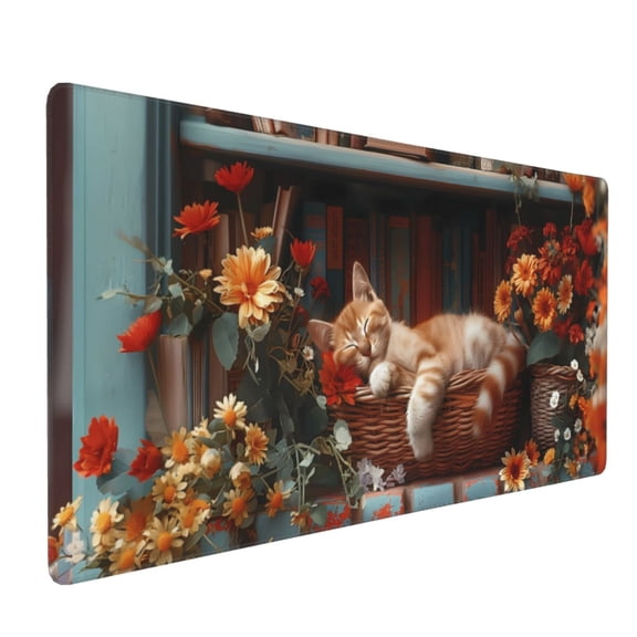 Xecao Cat Asleep Among Flowers Print Large Mouse Pad, 16x35.5in Mousepad, Professional Non-Slip Rubber Base Big Mouse Pad, Mouse Pad for Gaming & Office Full Desk Mouse Pad