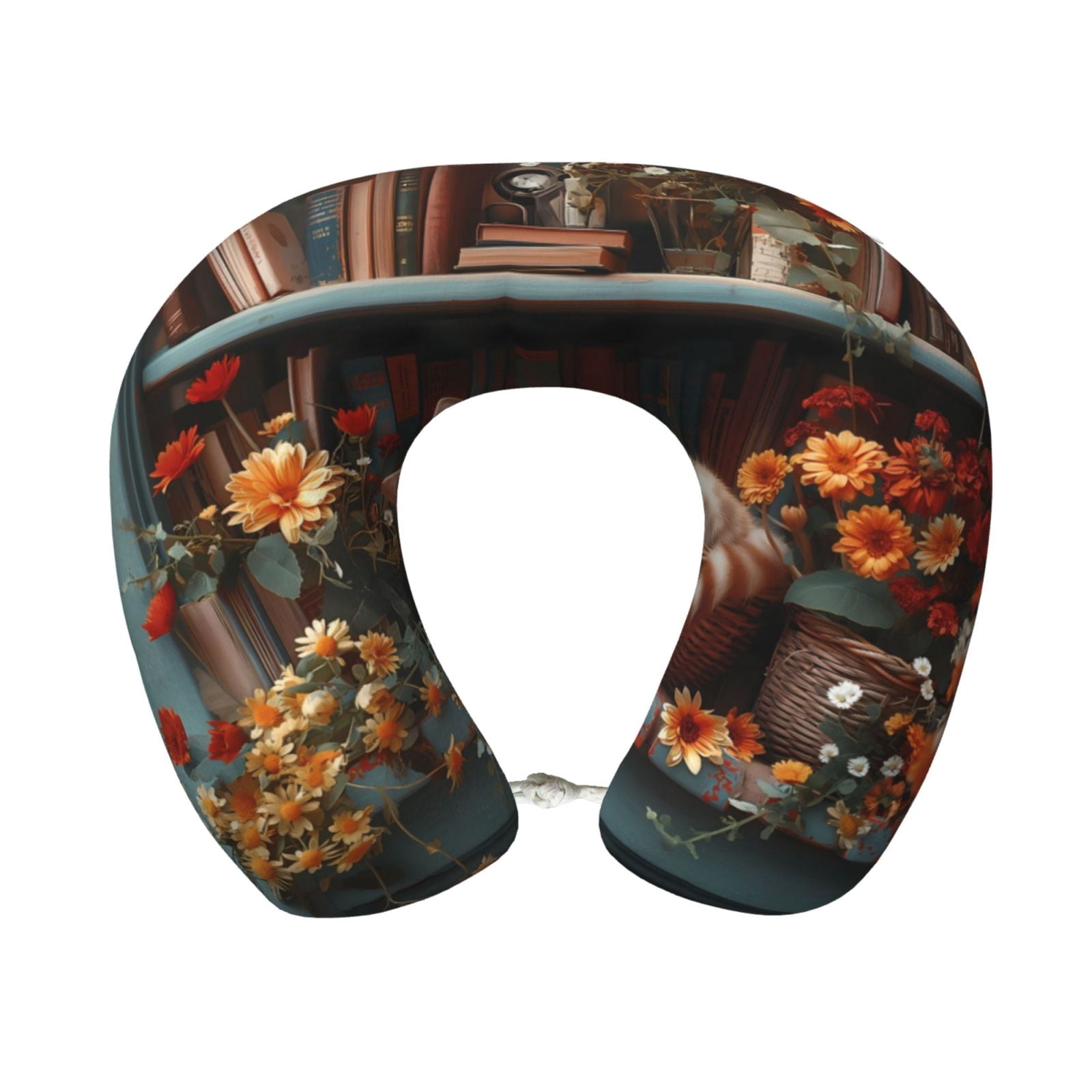 Xecao Cat Asleep Among Flowers Print Memory Foam Cervical Neck Pillow Versatile U-Shaped Pillows for Home,Office,Camping,Travelling,Soft Washable Cover