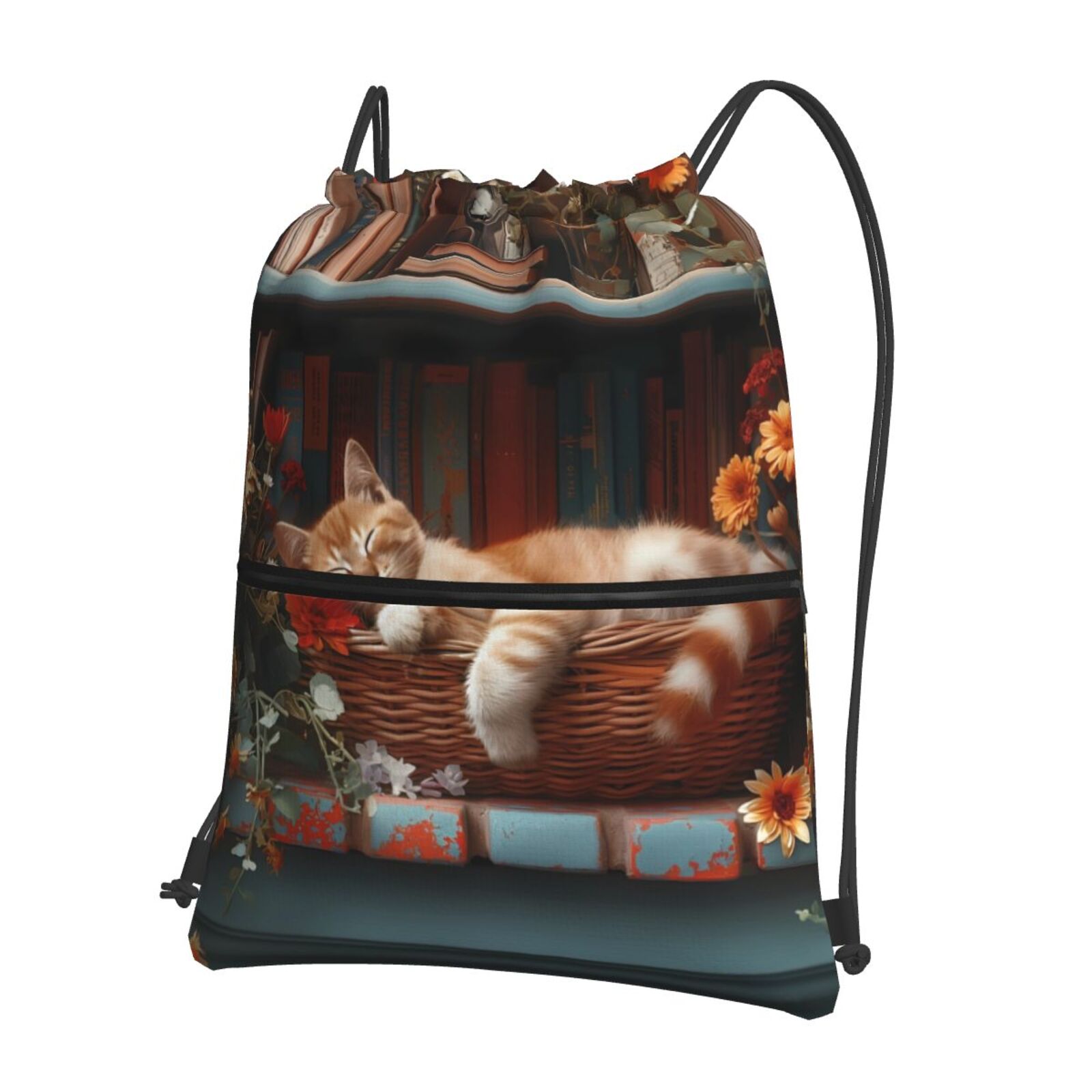 Xecao Cat Asleep Among Flowers for Drawstring Bags,Pull String Backpack Bags,String Bag Sackpack
