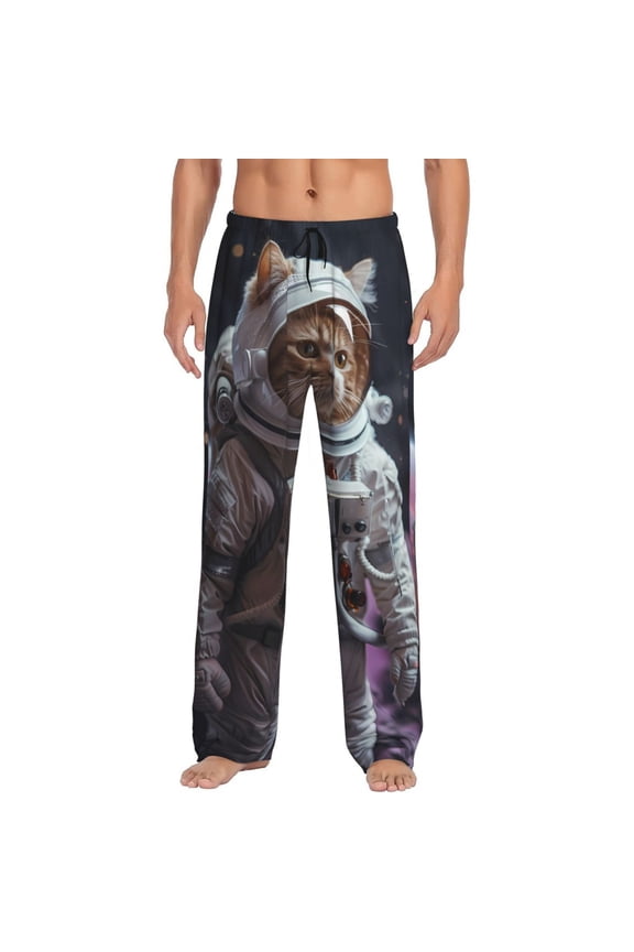 Cat Astronaut In Space Print Men's Straight Lounge Pajama Pants - The Ultimate in Comfortable Sleepwear-Large