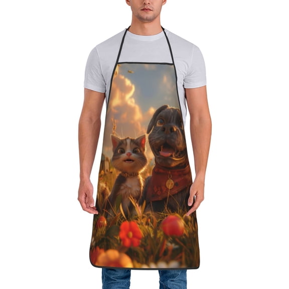 Xecao Cat Dog Friendship Print Funny BBQ Chef Aprons for Men Women,Adjustable Kitchen Cooking Aprons with Pocket Waterproof Oil Proof No Pilling Fading