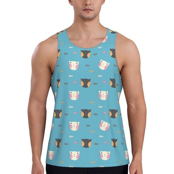 Xecao Cat Fish Men's Tank Top Workout Quick Dry Sleeveless Gym Jogging Muscle Shirts Summer Swim Beach Tops