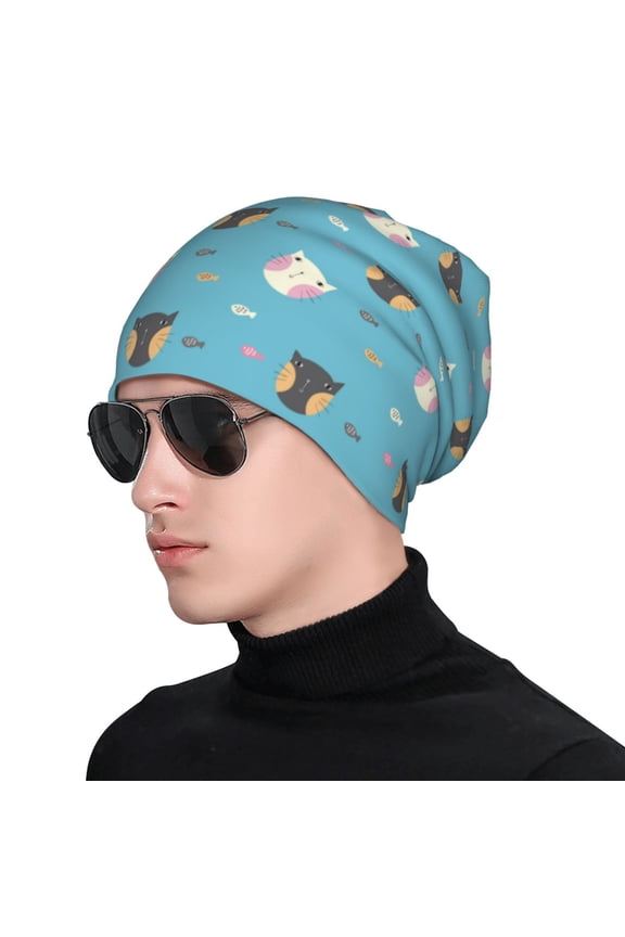 Cat Fish Print Beanie Knitted Hat for Men Women, Winter Fashion Knit Cuffed Caps Unisex