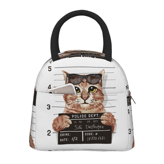 Xecao Cat Holding Mugshot Sign Lunch Bag , an insulated, reusable tote bag perfect for adults of all genders, ideal for work, office, picnics and beach trips