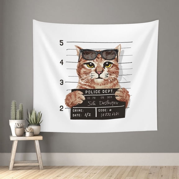 Xecao Cat Holding Mugshot Sign patten Tapestry 60x51 Inches Wall Hanging Poster Tapestry for Living Room Bedroom Home Decor