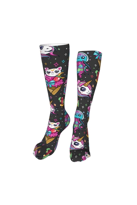 Cat Icecream Print Calf Socks Seamless Toe, Knee High Long Socks, Sports Socks Trouser Socks for Women and Men-One Size