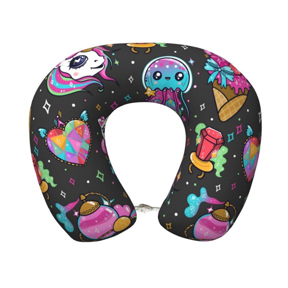 Xecao Cat Icecream Print Memory Foam Cervical Neck Pillow Versatile U-Shaped Pillows for Home,Office,Camping,Travelling,Soft Washable Cover