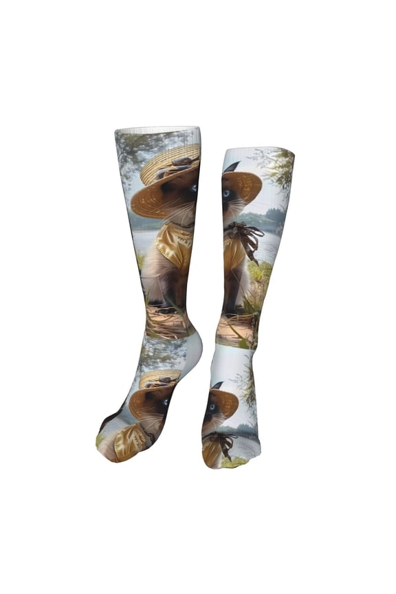 Cat In Sun Hat Print Calf Socks Seamless Toe, Knee High Long Socks, Sports Socks Trouser Socks for Women and Men-One Size