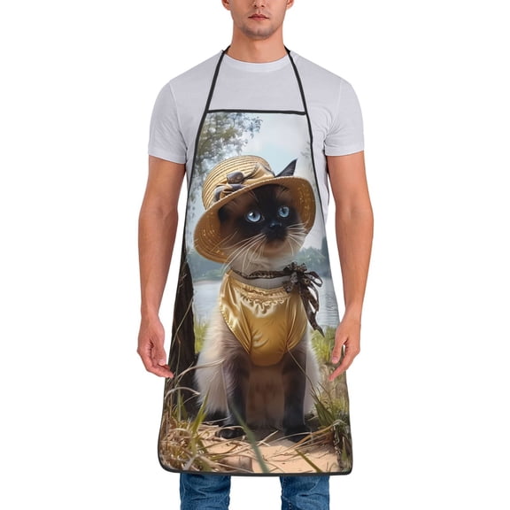 Xecao Cat In Sun Hat Print Funny BBQ Chef Aprons for Men Women,Adjustable Kitchen Cooking Aprons with Pocket Waterproof Oil Proof No Pilling Fading