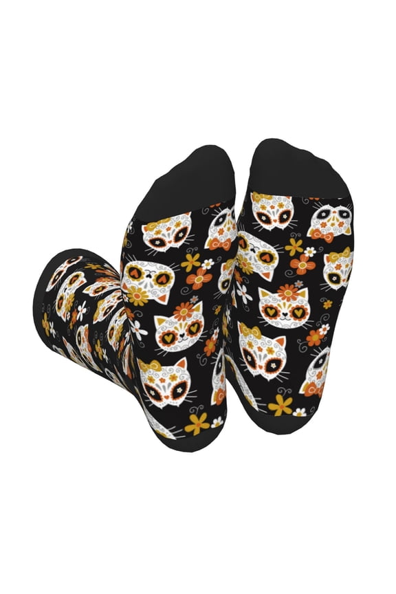 Xecao Cat Skulls and Flowers Print Crew Socks for Men and Women, Men's Soft Moisture-wicking Sock