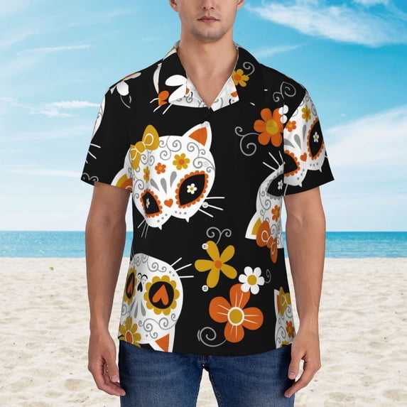 Xecao Cat Skulls and Flowers print Hawaiian shirt - a stylish short-sleeve button-down for men, perfect for casual beach and tropical outings.