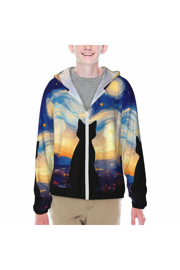 Cat Under Starry Skies Print Fishing Shirts for teenager Long Sleeve UV Sun Protection Hoodie with Zipper Outdoor Hiking Shirts-Large