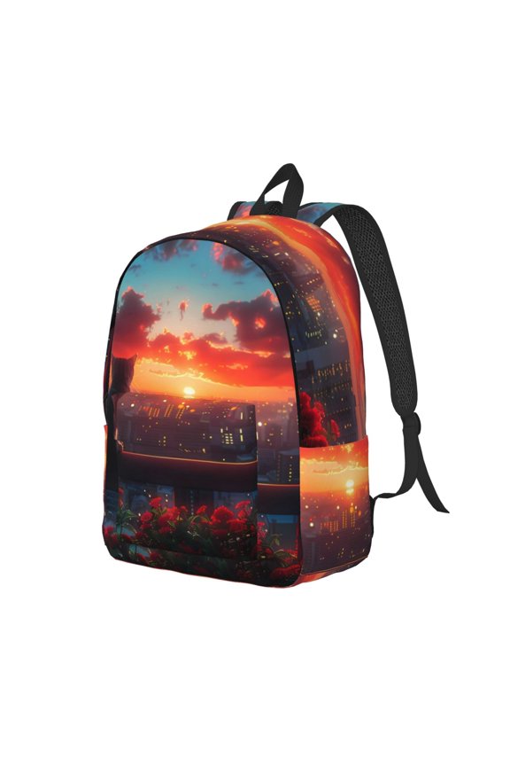 Cat Watching City Sunset for Canvas College Laptop Backpack, a Durable Rucksack for Both Men and Women, ideal for travel, school, and daily use Bag-Small