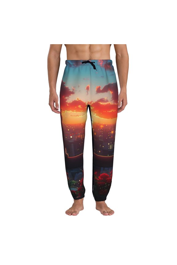 Cat Watching City Sunset Print Active Tech Joggers for Men, Mens Sweatpants Lounge Pants with Pockets-3X-Large