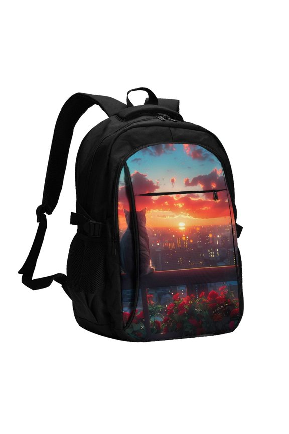 Cat Watching City Sunset for Travel Laptop Backpack, USB-Charging-Enabled, Spacious Business Backpack for Men and Women,College School Computer Bag