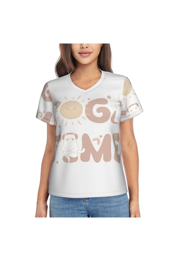 Cat Yoga Time for Women's V-Neck T-Shirts-Elegant Half-Sleeve Tops Perfect for Summer-Medium