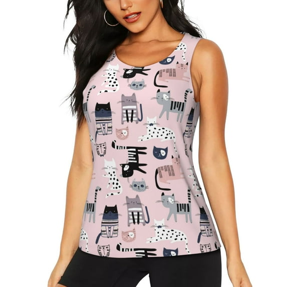 Xecao Cat print women's scoop neck, loose-fit workout tank tops for the gym.