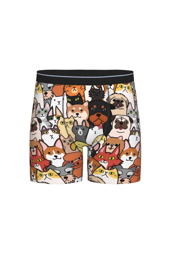 Cats & Dogs Group Print Boxer Briefs for Men's Stretch Moisture-Wicking Underwear, Mid-Rise Classics breathable fabric