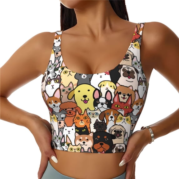 Xecao Cats & Dogs Group for Sports Bra with Removable Pads, Crop Tank Top Design, Women's Longline Sports Bra - Non-Wired - Small