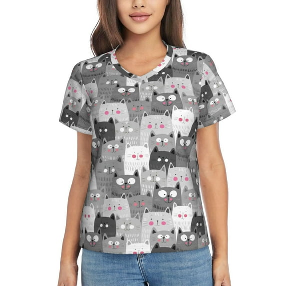 Xecao Cats Group for Women's V-Neck T-Shirts-Elegant Half-Sleeve Tops Perfect for Summer-Small