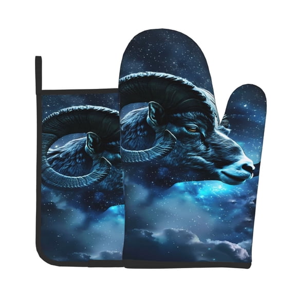 Xecao Celestial Ram Night Sky Pattern Oven Mitts and Pot Holders Sets Heat Resistant Silicone Oven Mittens Extra Thicken Long Kitchen Cotton Oven Glove for Cooking