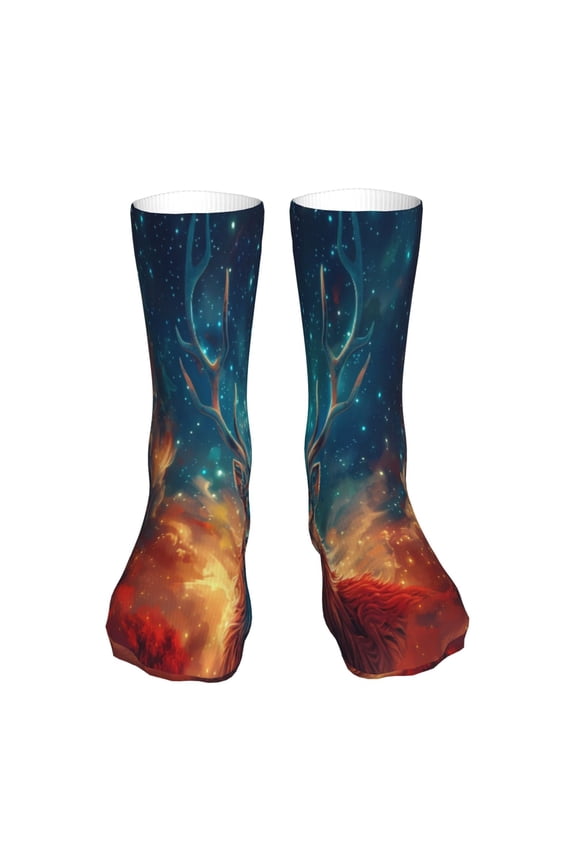 Celestial Stag Cosmic Glow Print Fashion No Heel Casual Crew Socks Cushioned Breathable for Men Women - Moisture wicking,Not easy to fade Suitable for daily