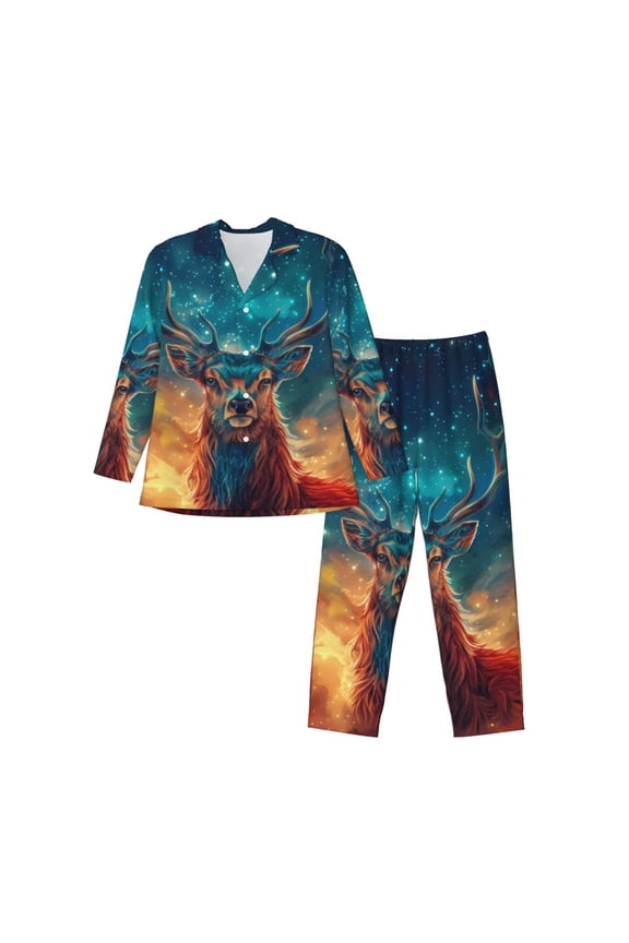 Celestial Stag Cosmic Glow Print Pajamas Set Mens Pajamas Long Sleeve Loungewear Two-Piece Sleepwear Button-Down Pjs Set,2PJS-XX-Large