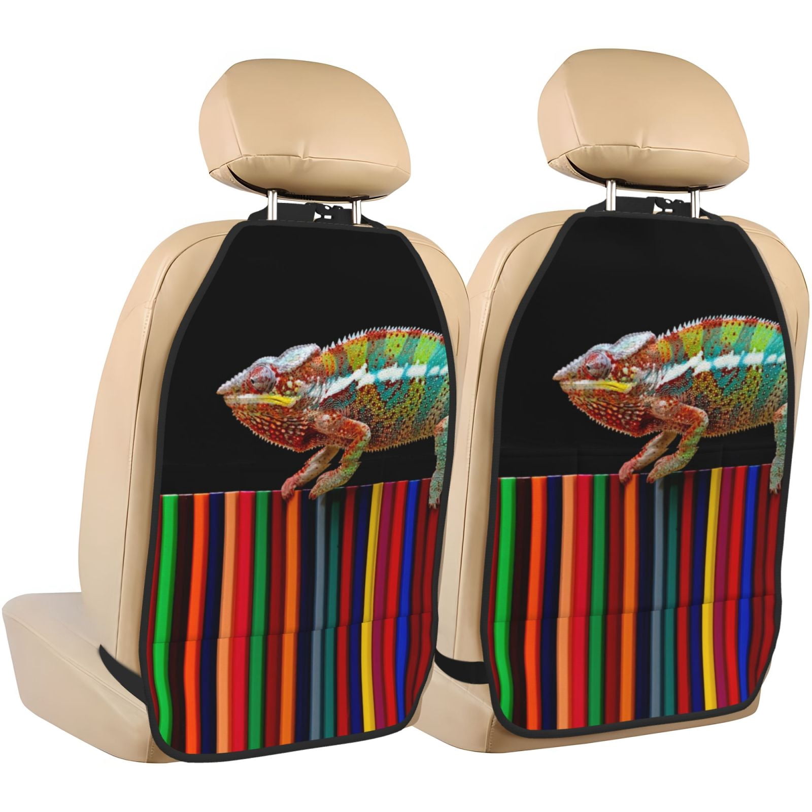 Xecao Chameleon Panther On Colored Pencils Pattern Car Seat Back Protector 2 Pack Large Capacity Pocket, Kick Mats Back Seat Protector
