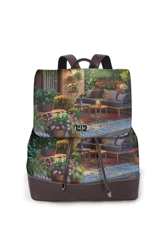 Charming Garden Patio Print Large Backpack Soft Leather for Women Travel with Compartment, Adjustable Convertible Strap