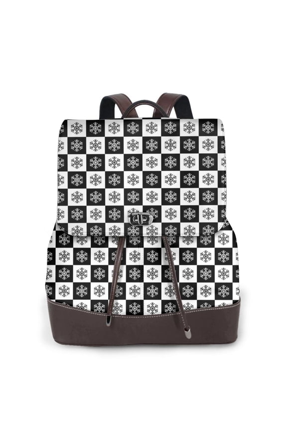 Checkerboard With Snowflake 1 Print Large Backpack Soft Leather for Women Travel with Compartment, Adjustable Convertible Strap