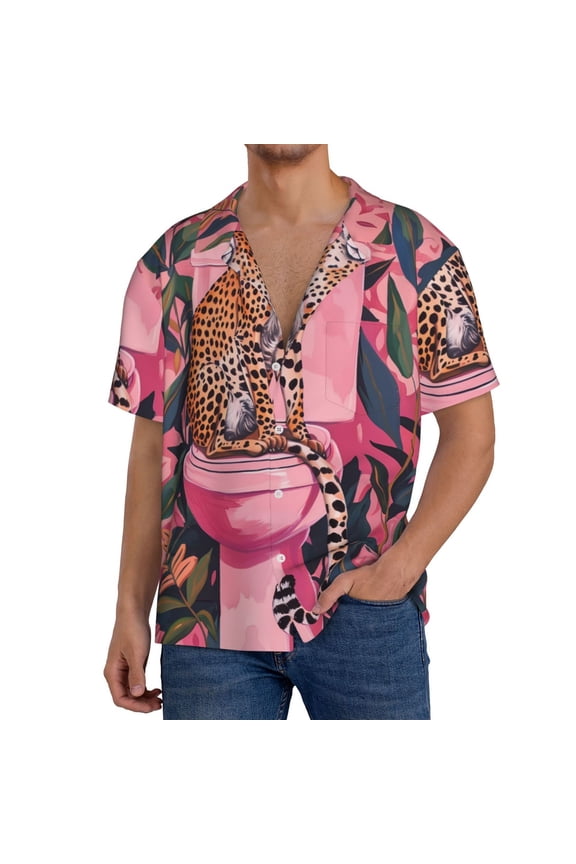 Cheetah On Toilet Humor Art Men's Casual Short-sleeved Shirt, a button-up collared shirt with a pocket-Small
