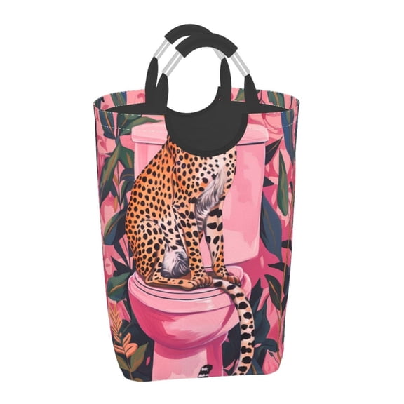Xecao Cheetah On Toilet Humor Art for Laundry Basket,Collapsible Large Laundry Hamper,Wash Bag for Laundry Room, Rolling Laundry Basket with Handles