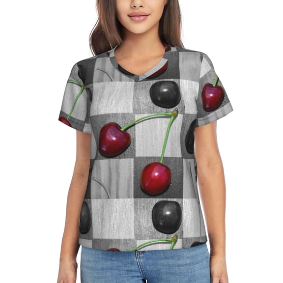 Xecao Cherries laid for Women's V-Neck T-Shirts-Elegant Half-Sleeve Tops Perfect for Summer-XX-Large